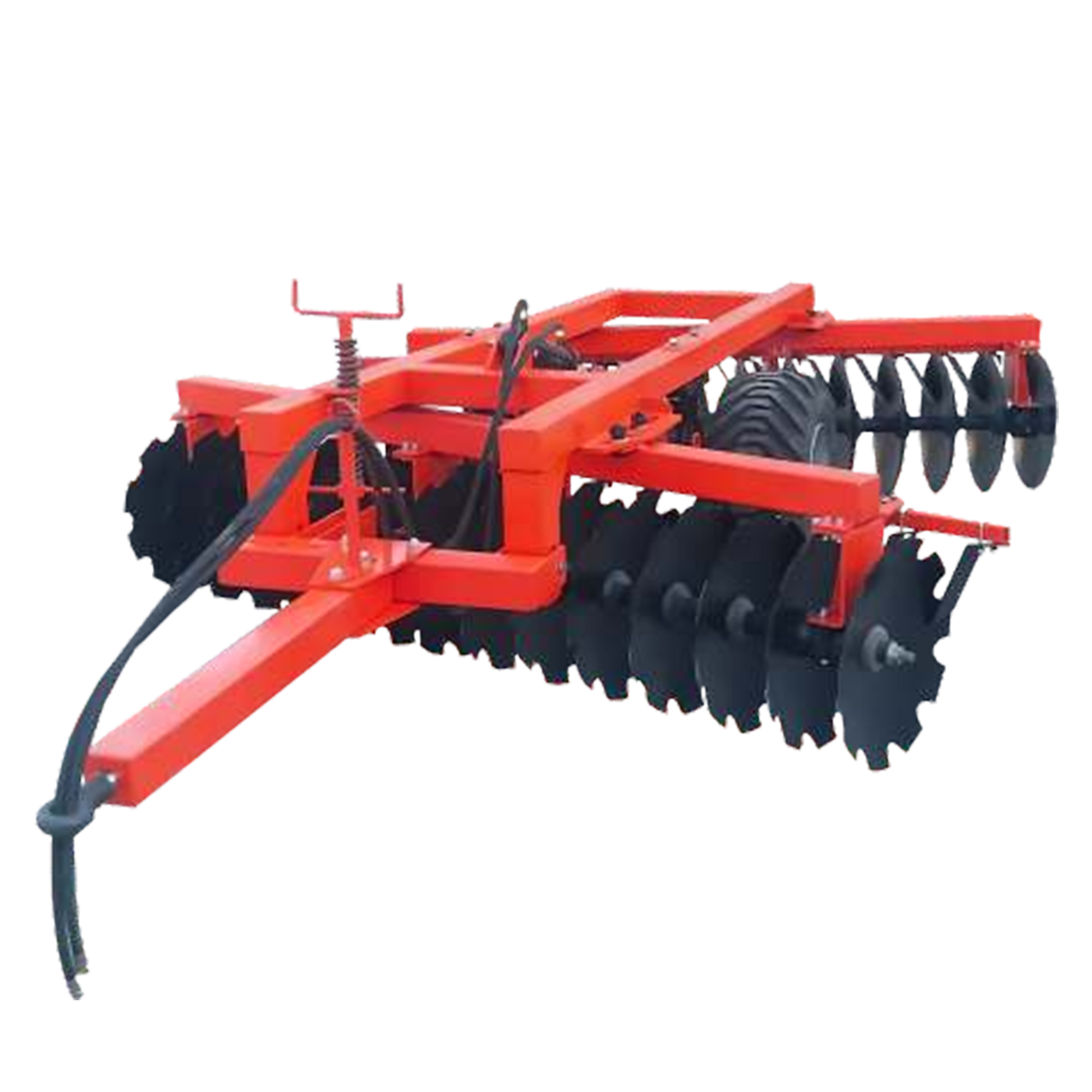 KRITTVO HYDRAULIC TRAILED DISC HARROW is farming equipment with concave cutting discs attached to a hydraulic frame that is pulled behind a tractor. It prepares soil before planting by breaking it up and loosening it. The hydraulic system makes it easy to maneuver and lift the equipment, and it is commonly used for preparing seed beds for crops like wheat, corn, and soybeans.